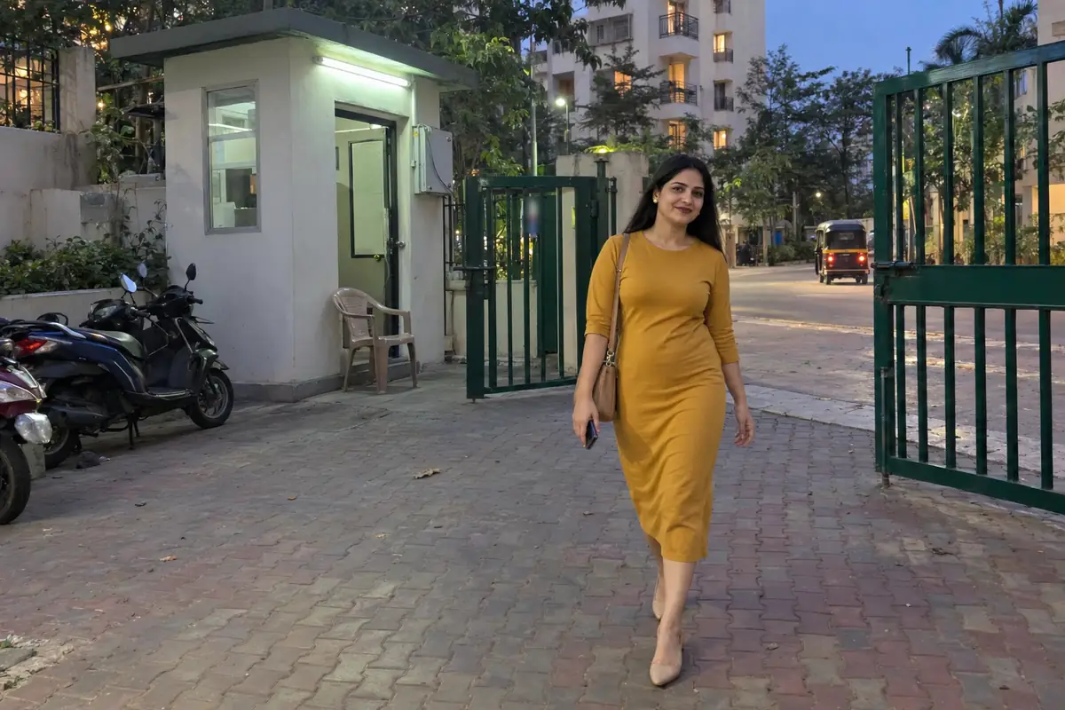 A woman in a mustard dress walks in through the side gate of a Navi Mumbai housing society at dusk