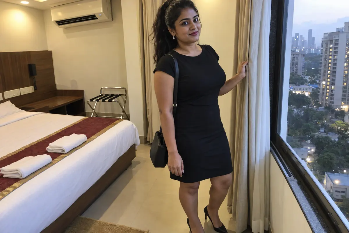 A woman in a black dress turns from the window of a plain hotel-style room at dusk