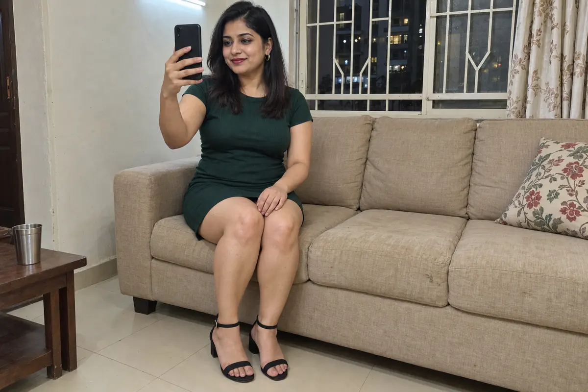 A woman in a green dress on a sofa holds her phone up for a short video call